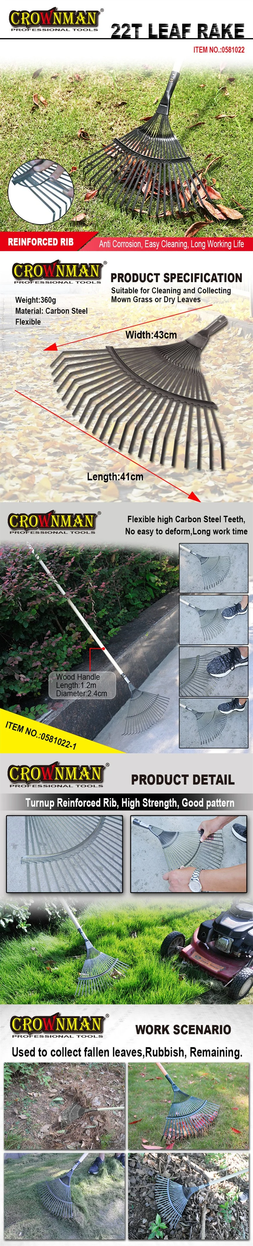 Crownman Garden Steel Leaf Rake with Wooden Handle for DIY Use